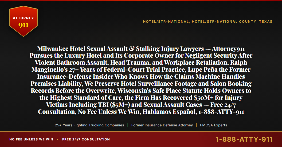 Milwaukee Hotel Sexual Assault & Stalking Injury Lawyers — Attorney911 Pursues the Luxury Hotel and Its Corporate Owner for Negligent Security After Violent Bathroom Assault, Head Trauma, and Workplace Retaliation, Ralph Manginello's 27+ Years of Federal-Court Trial Practice, Lupe Peña the Former Insurance-Defense Insider Who Knows How the Claims Machine Handles Premises Liability, We Preserve Hotel Surveillance Footage and Salon Booking Records Before the Overwrite, Wisconsin's Safe Place Statute Holds Owners to the Highest Standard of Care, the Firm Has Recovered $50M+ for Injury Victims Including TBI ($5M+) and Sexual Assault Cases — Free 24/7 Consultation, No Fee Unless We Win, Hablamos Español, 1-888-ATTY-911 - Attorney911