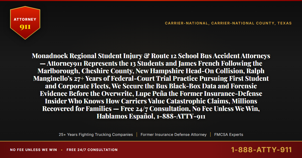 Monadnock Regional Student Injury & Route 12 School Bus Accident Attorneys — Attorney911 Represents the 13 Students and James French Following the Marlborough, Cheshire County, New Hampshire Head-On Collision, Ralph Manginello’s 27+ Years of Federal-Court Trial Practice Pursuing First Student and Corporate Fleets, We Secure the Bus Black-Box Data and Forensic Evidence Before the Overwrite, Lupe Peña the Former Insurance-Defense Insider Who Knows How Carriers Value Catastrophic Claims, Millions Recovered for Families — Free 24/7 Consultation, No Fee Unless We Win, Hablamos Español, 1-888-ATTY-911 - Attorney911