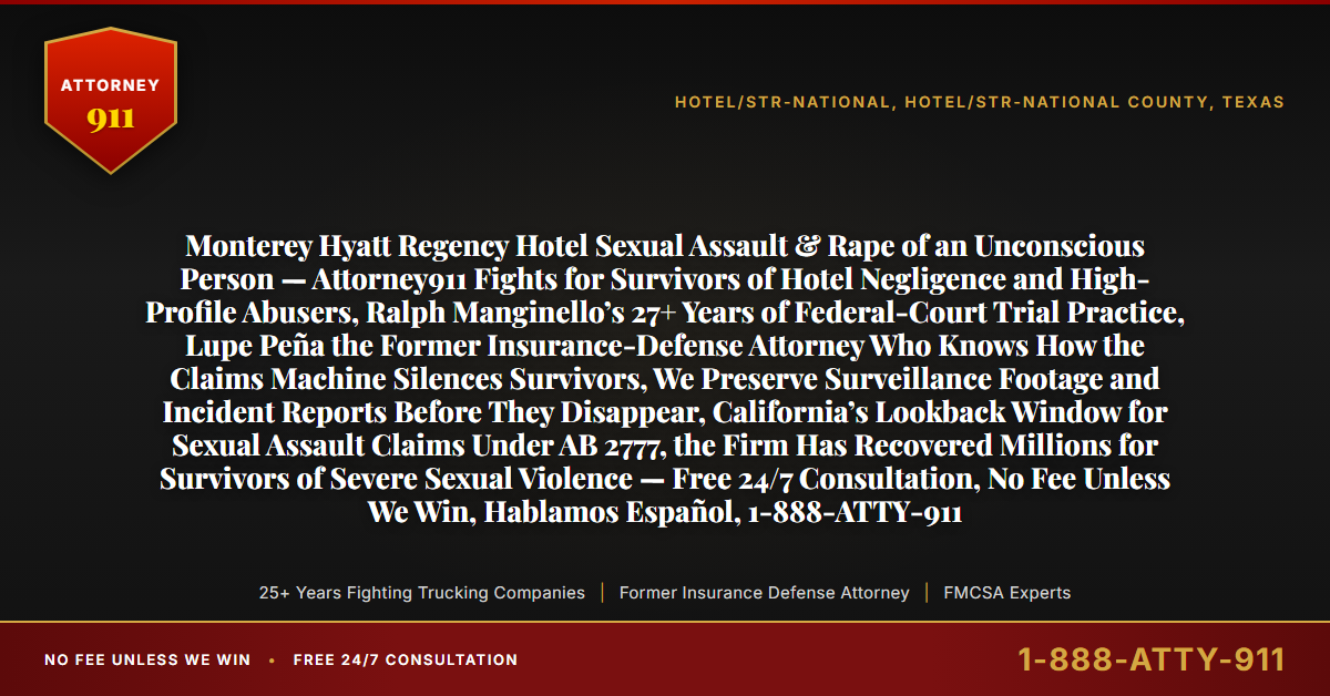 Monterey Hyatt Regency Hotel Sexual Assault & Rape of an Unconscious Person — Attorney911 Fights for Survivors of Hotel Negligence and High-Profile Abusers, Ralph Manginello’s 27+ Years of Federal-Court Trial Practice, Lupe Peña the Former Insurance-Defense Attorney Who Knows How the Claims Machine Silences Survivors, We Preserve Surveillance Footage and Incident Reports Before They Disappear, California’s Lookback Window for Sexual Assault Claims Under AB 2777, the Firm Has Recovered Millions for Survivors of Severe Sexual Violence — Free 24/7 Consultation, No Fee Unless We Win, Hablamos Español, 1-888-ATTY-911 - Attorney911