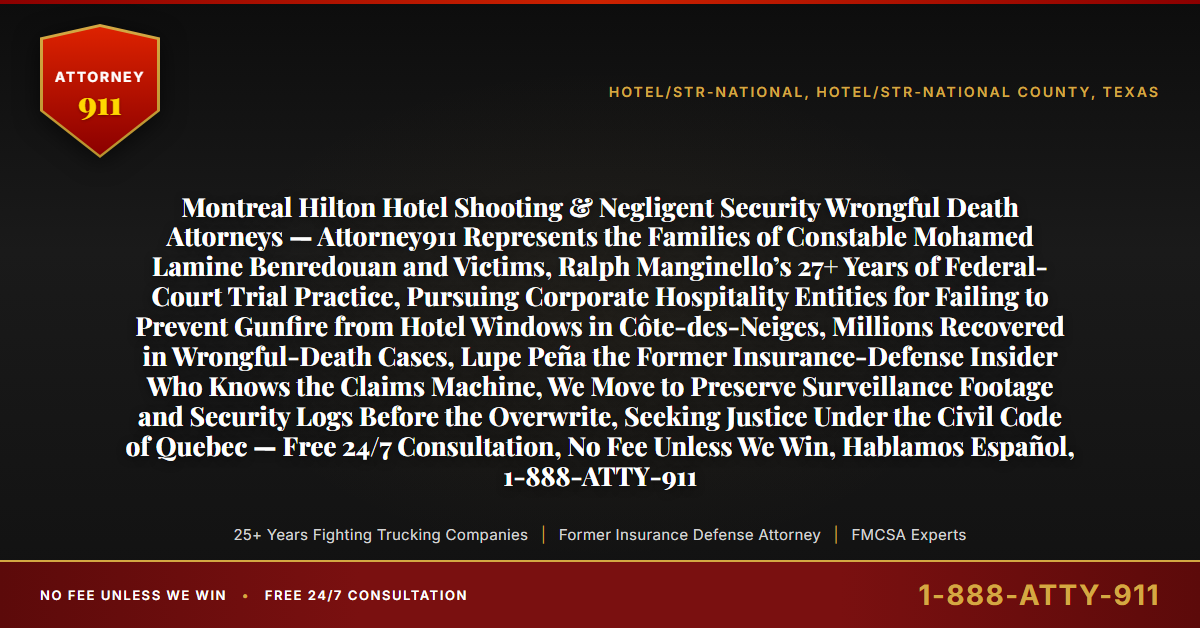 Montreal Hilton Hotel Shooting & Negligent Security Wrongful Death Attorneys — Attorney911 Represents the Families of Constable Mohamed Lamine Benredouan and Victims, Ralph Manginello’s 27+ Years of Federal-Court Trial Practice, Pursuing Corporate Hospitality Entities for Failing to Prevent Gunfire from Hotel Windows in Côte-des-Neiges, Millions Recovered in Wrongful-Death Cases, Lupe Peña the Former Insurance-Defense Insider Who Knows the Claims Machine, We Move to Preserve Surveillance Footage and Security Logs Before the Overwrite, Seeking Justice Under the Civil Code of Quebec — Free 24/7 Consultation, No Fee Unless We Win, Hablamos Español, 1-888-ATTY-911 - Attorney911