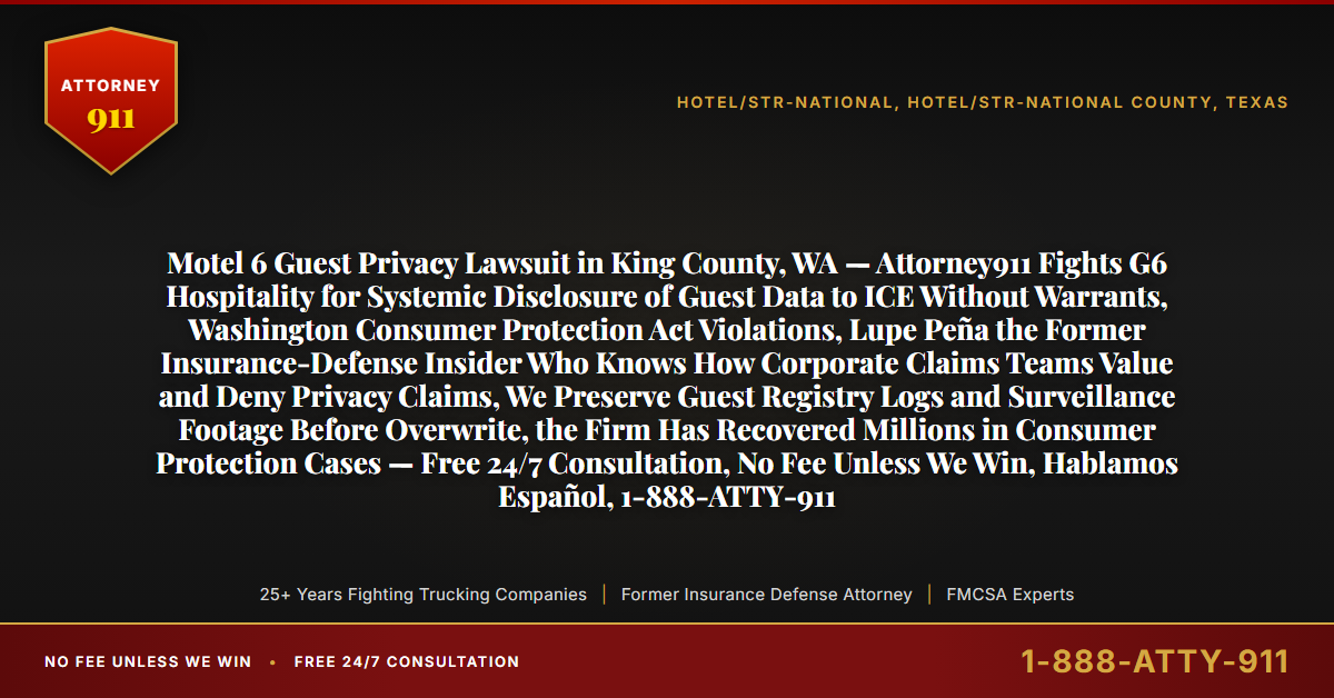 Motel 6 Guest Privacy Lawsuit in King County, WA — Attorney911 Fights G6 Hospitality for Systemic Disclosure of Guest Data to ICE Without Warrants, Washington Consumer Protection Act Violations, Lupe Peña the Former Insurance-Defense Insider Who Knows How Corporate Claims Teams Value and Deny Privacy Claims, We Preserve Guest Registry Logs and Surveillance Footage Before Overwrite, the Firm Has Recovered Millions in Consumer Protection Cases — Free 24/7 Consultation, No Fee Unless We Win, Hablamos Español, 1-888-ATTY-911 - Attorney911