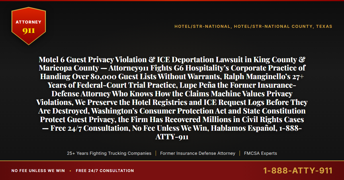 Motel 6 Guest Privacy Violation & ICE Deportation Lawsuit in King County & Maricopa County — Attorney911 Fights G6 Hospitality’s Corporate Practice of Handing Over 80,000 Guest Lists Without Warrants, Ralph Manginello’s 27+ Years of Federal-Court Trial Practice, Lupe Peña the Former Insurance-Defense Attorney Who Knows How the Claims Machine Values Privacy Violations, We Preserve the Hotel Registries and ICE Request Logs Before They Are Destroyed, Washington’s Consumer Protection Act and State Constitution Protect Guest Privacy, the Firm Has Recovered Millions in Civil Rights Cases — Free 24/7 Consultation, No Fee Unless We Win, Hablamos Español, 1-888-ATTY-911 - Attorney911