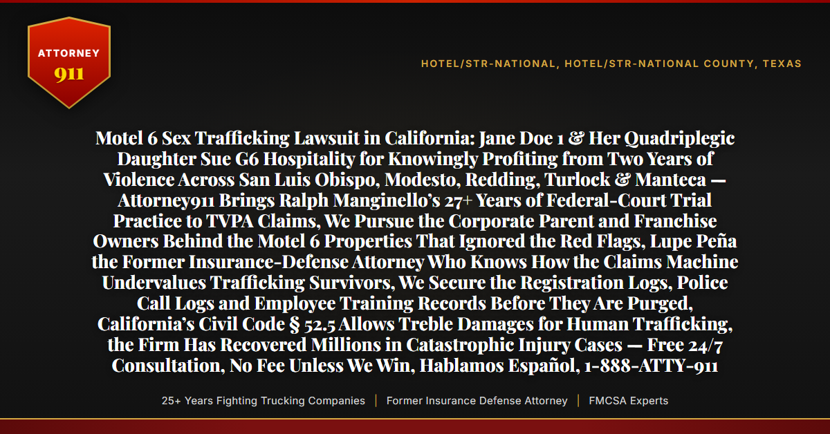 Motel 6 Sex Trafficking Lawsuit in California: Jane Doe 1 & Her Quadriplegic Daughter Sue G6 Hospitality for Knowingly Profiting from Two Years of Violence Across San Luis Obispo, Modesto, Redding, Turlock & Manteca — Attorney911 Brings Ralph Manginello’s 27+ Years of Federal-Court Trial Practice to TVPA Claims, We Pursue the Corporate Parent and Franchise Owners Behind the Motel 6 Properties That Ignored the Red Flags, Lupe Peña the Former Insurance-Defense Attorney Who Knows How the Claims Machine Undervalues Trafficking Survivors, We Secure the Registration Logs, Police Call Logs and Employee Training Records Before They Are Purged, California’s Civil Code § 52.5 Allows Treble Damages for Human Trafficking, the Firm Has Recovered Millions in Catastrophic Injury Cases — Free 24/7 Consultation, No Fee Unless We Win, Hablamos Español, 1-888-ATTY-911 - Attorney911