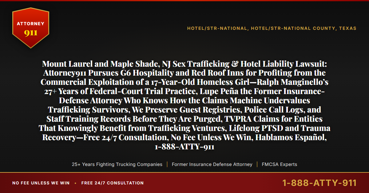 Mount Laurel and Maple Shade, NJ Sex Trafficking & Hotel Liability Lawsuit: Attorney911 Pursues G6 Hospitality and Red Roof Inns for Profiting from the Commercial Exploitation of a 17-Year-Old Homeless Girl—Ralph Manginello’s 27+ Years of Federal-Court Trial Practice, Lupe Peña the Former Insurance-Defense Attorney Who Knows How the Claims Machine Undervalues Trafficking Survivors, We Preserve Guest Registries, Police Call Logs, and Staff Training Records Before They Are Purged, TVPRA Claims for Entities That Knowingly Benefit from Trafficking Ventures, Lifelong PTSD and Trauma Recovery—Free 24/7 Consultation, No Fee Unless We Win, Hablamos Español, 1-888-ATTY-911 - Attorney911
