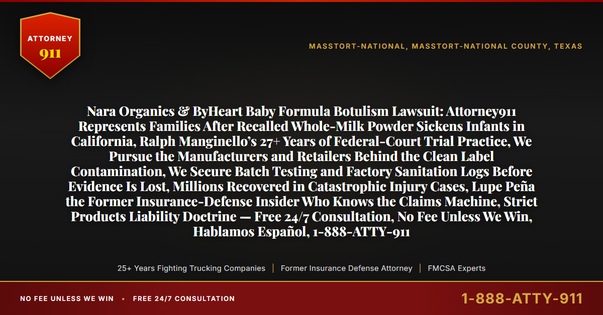 Nara Organics & ByHeart Baby Formula Botulism Lawsuit: Attorney911 Represents Families After Recalled Whole-Milk Powder Sickens Infants in California, Ralph Manginello’s 27+ Years of Federal-Court Trial Practice, We Pursue the Manufacturers and Retailers Behind the Clean Label Contamination, We Secure Batch Testing and Factory Sanitation Logs Before Evidence Is Lost, Millions Recovered in Catastrophic Injury Cases, Lupe Peña the Former Insurance-Defense Insider Who Knows the Claims Machine, Strict Products Liability Doctrine — Free 24/7 Consultation, No Fee Unless We Win, Hablamos Español, 1-888-ATTY-911 - Attorney911