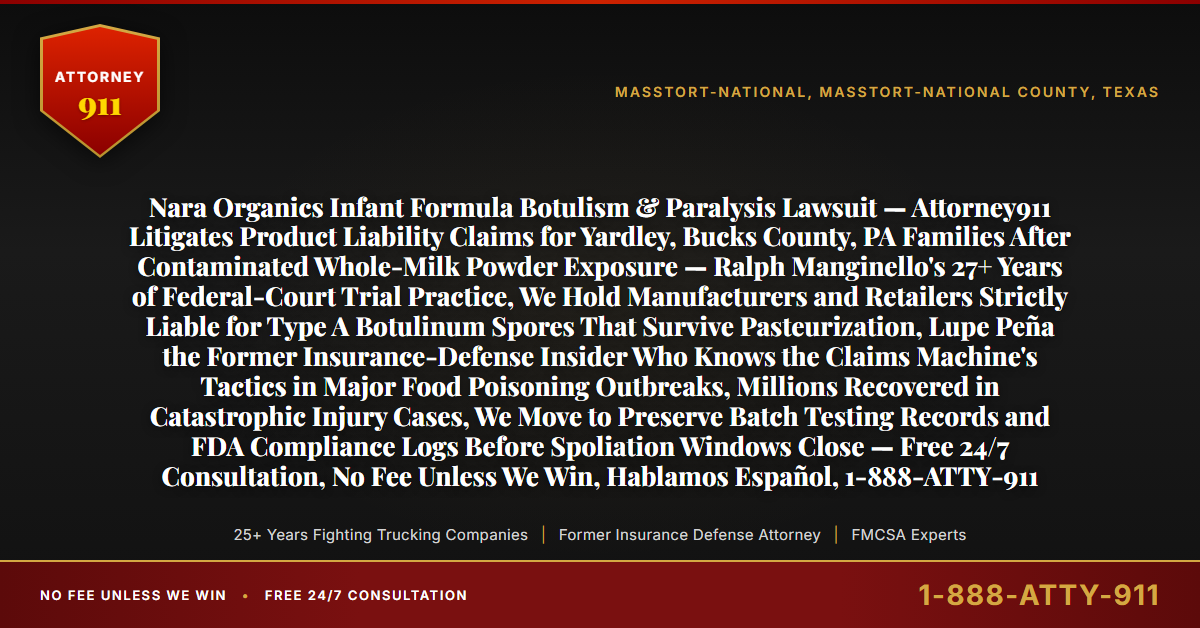 Nara Organics Infant Formula Botulism & Paralysis Lawsuit — Attorney911 Litigates Product Liability Claims for Yardley, Bucks County, PA Families After Contaminated Whole-Milk Powder Exposure — Ralph Manginello's 27+ Years of Federal-Court Trial Practice, We Hold Manufacturers and Retailers Strictly Liable for Type A Botulinum Spores That Survive Pasteurization, Lupe Peña the Former Insurance-Defense Insider Who Knows the Claims Machine's Tactics in Major Food Poisoning Outbreaks, Millions Recovered in Catastrophic Injury Cases, We Move to Preserve Batch Testing Records and FDA Compliance Logs Before Spoliation Windows Close — Free 24/7 Consultation, No Fee Unless We Win, Hablamos Español, 1-888-ATTY-911 - Attorney911