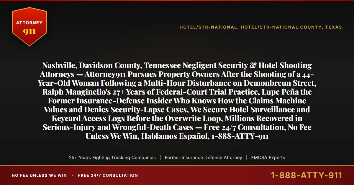 Nashville, Davidson County, Tennessee Negligent Security & Hotel Shooting Attorneys — Attorney911 Pursues Property Owners After the Shooting of a 44-Year-Old Woman Following a Multi-Hour Disturbance on Demonbreun Street, Ralph Manginello's 27+ Years of Federal-Court Trial Practice, Lupe Peña the Former Insurance-Defense Insider Who Knows How the Claims Machine Values and Denies Security-Lapse Cases, We Secure Hotel Surveillance and Keycard Access Logs Before the Overwrite Loop, Millions Recovered in Serious-Injury and Wrongful-Death Cases — Free 24/7 Consultation, No Fee Unless We Win, Hablamos Español, 1-888-ATTY-911 - Attorney911
