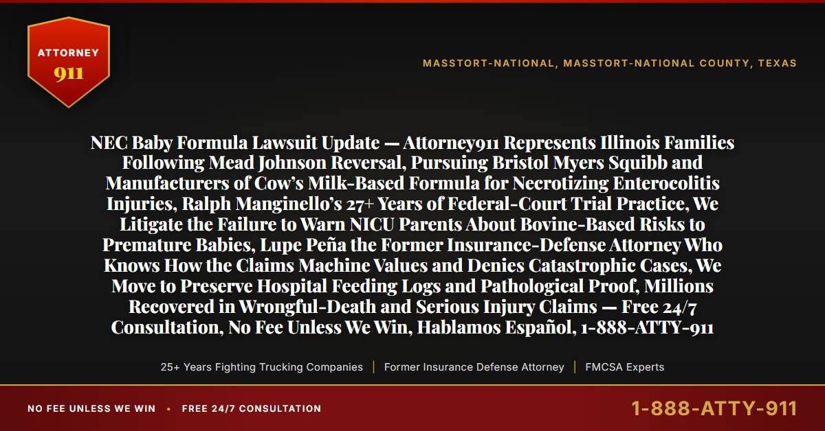 NEC Baby Formula Lawsuit Update — Attorney911 Represents Illinois Families Following Mead Johnson Reversal, Pursuing Bristol Myers Squibb and Manufacturers of Cow’s Milk-Based Formula for Necrotizing Enterocolitis Injuries, Ralph Manginello’s 27+ Years of Federal-Court Trial Practice, We Litigate the Failure to Warn NICU Parents About Bovine-Based Risks to Premature Babies, Lupe Peña the Former Insurance-Defense Attorney Who Knows How the Claims Machine Values and Denies Catastrophic Cases, We Move to Preserve Hospital Feeding Logs and Pathological Proof, Millions Recovered in Wrongful-Death and Serious Injury Claims — Free 24/7 Consultation, No Fee Unless We Win, Hablamos Español, 1-888-ATTY-911 - Attorney911