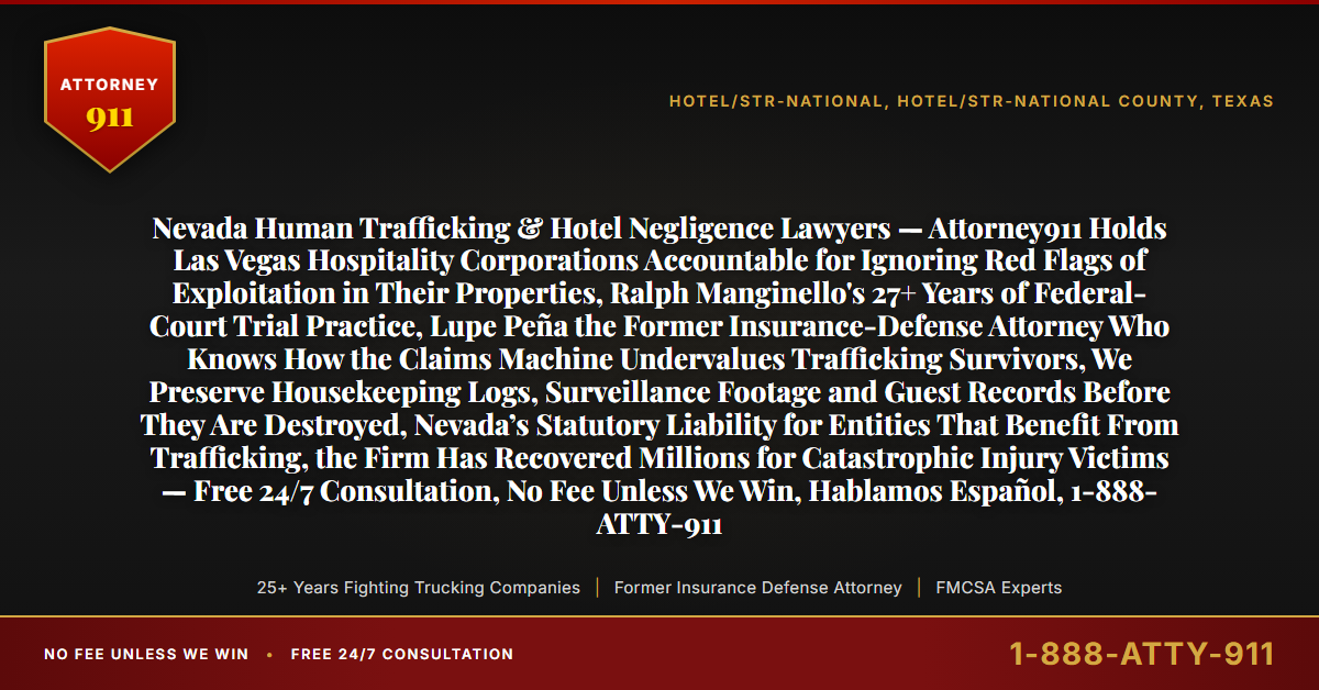 Nevada Human Trafficking & Hotel Negligence Lawyers — Attorney911 Holds Las Vegas Hospitality Corporations Accountable for Ignoring Red Flags of Exploitation in Their Properties, Ralph Manginello's 27+ Years of Federal-Court Trial Practice, Lupe Peña the Former Insurance-Defense Attorney Who Knows How the Claims Machine Undervalues Trafficking Survivors, We Preserve Housekeeping Logs, Surveillance Footage and Guest Records Before They Are Destroyed, Nevada’s Statutory Liability for Entities That Benefit From Trafficking, the Firm Has Recovered Millions for Catastrophic Injury Victims — Free 24/7 Consultation, No Fee Unless We Win, Hablamos Español, 1-888-ATTY-911 - Attorney911