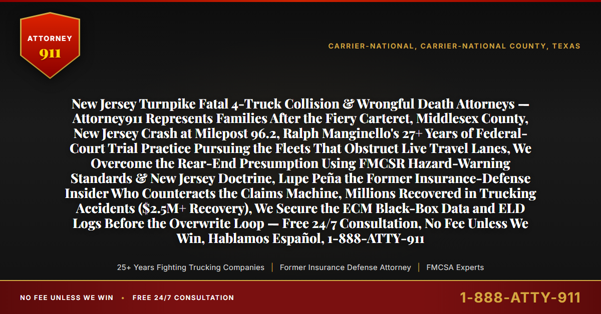 New Jersey Turnpike Fatal 4-Truck Collision & Wrongful Death Attorneys — Attorney911 Represents Families After the Fiery Carteret, Middlesex County, New Jersey Crash at Milepost 96.2, Ralph Manginello's 27+ Years of Federal-Court Trial Practice Pursuing the Fleets That Obstruct Live Travel Lanes, We Overcome the Rear-End Presumption Using FMCSR Hazard-Warning Standards & New Jersey Doctrine, Lupe Peña the Former Insurance-Defense Insider Who Counteracts the Claims Machine, Millions Recovered in Trucking Accidents ($2.5M+ Recovery), We Secure the ECM Black-Box Data and ELD Logs Before the Overwrite Loop — Free 24/7 Consultation, No Fee Unless We Win, Hablamos Español, 1-888-ATTY-911 - Attorney911
