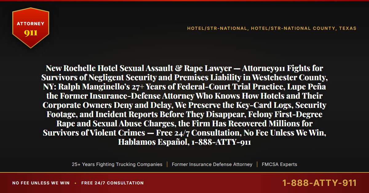 New Rochelle Hotel Sexual Assault & Rape Lawyer — Attorney911 Fights for Survivors of Negligent Security and Premises Liability in Westchester County, NY: Ralph Manginello’s 27+ Years of Federal-Court Trial Practice, Lupe Peña the Former Insurance-Defense Attorney Who Knows How Hotels and Their Corporate Owners Deny and Delay, We Preserve the Key-Card Logs, Security Footage, and Incident Reports Before They Disappear, Felony First-Degree Rape and Sexual Abuse Charges, the Firm Has Recovered Millions for Survivors of Violent Crimes — Free 24/7 Consultation, No Fee Unless We Win, Hablamos Español, 1-888-ATTY-911 - Attorney911