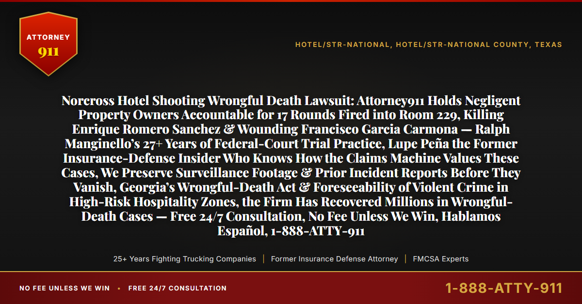 Norcross Hotel Shooting Wrongful Death Lawsuit: Attorney911 Holds Negligent Property Owners Accountable for 17 Rounds Fired into Room 229, Killing Enrique Romero Sanchez & Wounding Francisco Garcia Carmona — Ralph Manginello’s 27+ Years of Federal-Court Trial Practice, Lupe Peña the Former Insurance-Defense Insider Who Knows How the Claims Machine Values These Cases, We Preserve Surveillance Footage & Prior Incident Reports Before They Vanish, Georgia’s Wrongful-Death Act & Foreseeability of Violent Crime in High-Risk Hospitality Zones, the Firm Has Recovered Millions in Wrongful-Death Cases — Free 24/7 Consultation, No Fee Unless We Win, Hablamos Español, 1-888-ATTY-911 - Attorney911
