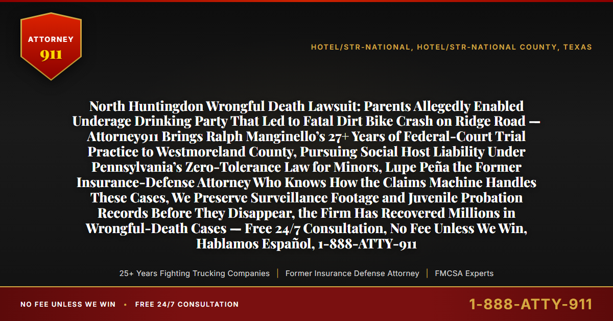 North Huntingdon Wrongful Death Lawsuit: Parents Allegedly Enabled Underage Drinking Party That Led to Fatal Dirt Bike Crash on Ridge Road — Attorney911 Brings Ralph Manginello’s 27+ Years of Federal-Court Trial Practice to Westmoreland County, Pursuing Social Host Liability Under Pennsylvania’s Zero-Tolerance Law for Minors, Lupe Peña the Former Insurance-Defense Attorney Who Knows How the Claims Machine Handles These Cases, We Preserve Surveillance Footage and Juvenile Probation Records Before They Disappear, the Firm Has Recovered Millions in Wrongful-Death Cases — Free 24/7 Consultation, No Fee Unless We Win, Hablamos Español, 1-888-ATTY-911 - Attorney911