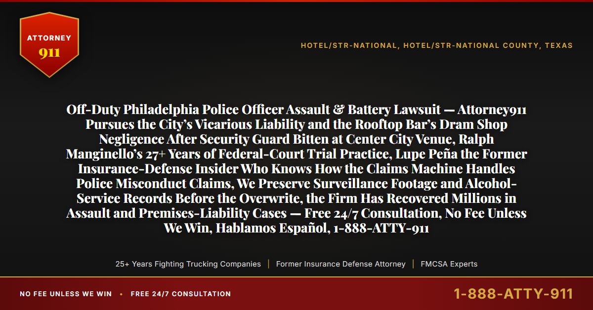 Off-Duty Philadelphia Police Officer Assault & Battery Lawsuit — Attorney911 Pursues the City’s Vicarious Liability and the Rooftop Bar’s Dram Shop Negligence After Security Guard Bitten at Center City Venue, Ralph Manginello’s 27+ Years of Federal-Court Trial Practice, Lupe Peña the Former Insurance-Defense Insider Who Knows How the Claims Machine Handles Police Misconduct Claims, We Preserve Surveillance Footage and Alcohol-Service Records Before the Overwrite, the Firm Has Recovered Millions in Assault and Premises-Liability Cases — Free 24/7 Consultation, No Fee Unless We Win, Hablamos Español, 1-888-ATTY-911 - Attorney911
