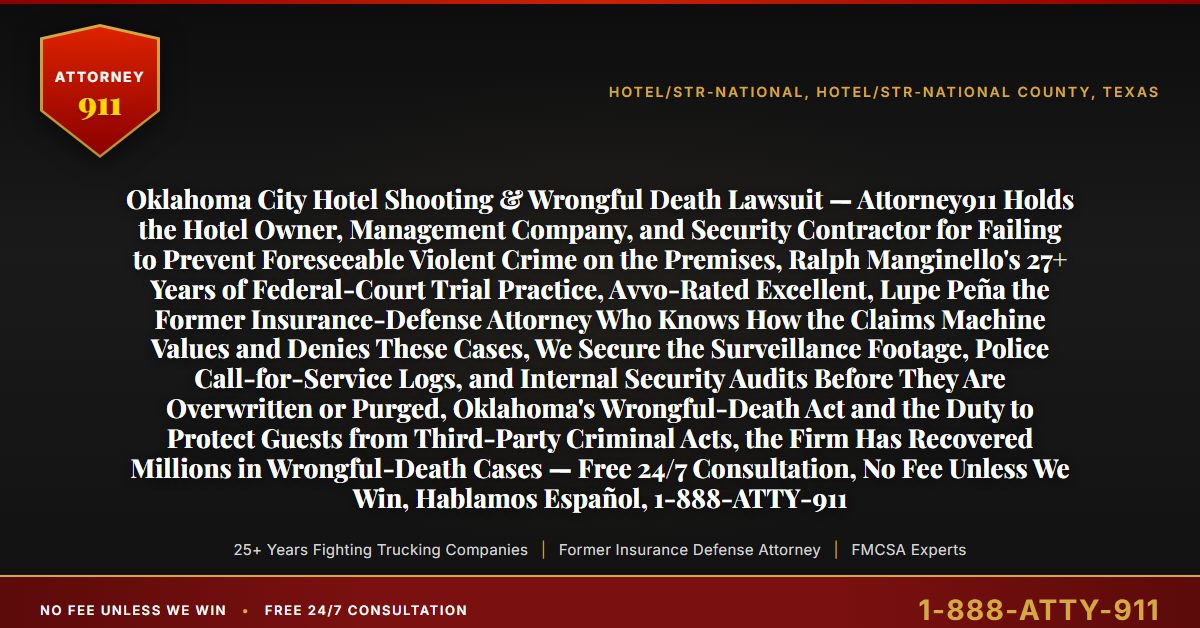Oklahoma City Hotel Shooting & Wrongful Death Lawsuit — Attorney911 Holds the Hotel Owner, Management Company, and Security Contractor for Failing to Prevent Foreseeable Violent Crime on the Premises, Ralph Manginello's 27+ Years of Federal-Court Trial Practice, Avvo-Rated Excellent, Lupe Peña the Former Insurance-Defense Attorney Who Knows How the Claims Machine Values and Denies These Cases, We Secure the Surveillance Footage, Police Call-for-Service Logs, and Internal Security Audits Before They Are Overwritten or Purged, Oklahoma's Wrongful-Death Act and the Duty to Protect Guests from Third-Party Criminal Acts, the Firm Has Recovered Millions in Wrongful-Death Cases — Free 24/7 Consultation, No Fee Unless We Win, Hablamos Español, 1-888-ATTY-911 - Attorney911