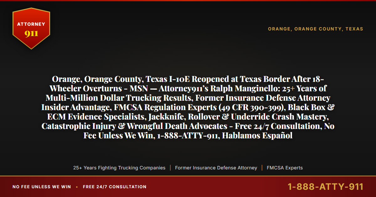 Orange, Orange County, Texas I-10E Reopened at Texas Border After 18-Wheeler Overturns - MSN — Attorney911’s Ralph Manginello: 25+ Years of Multi-Million Dollar Trucking Results, Former Insurance Defense Attorney Insider Advantage, FMCSA Regulation Experts (49 CFR 390-399), Black Box & ECM Evidence Specialists, Jackknife, Rollover & Underride Crash Mastery, Catastrophic Injury & Wrongful Death Advocates - Free 24/7 Consultation, No Fee Unless We Win, 1-888-ATTY-911, Hablamos Español - Attorney911