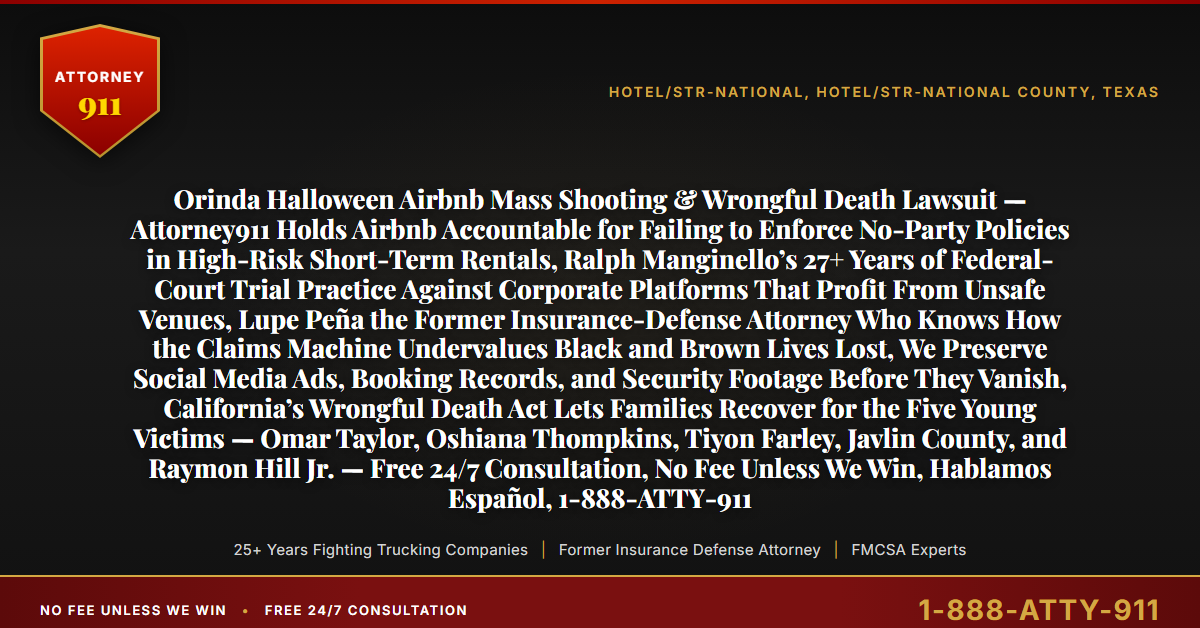 Orinda Halloween Airbnb Mass Shooting & Wrongful Death Lawsuit — Attorney911 Holds Airbnb Accountable for Failing to Enforce No-Party Policies in High-Risk Short-Term Rentals, Ralph Manginello’s 27+ Years of Federal-Court Trial Practice Against Corporate Platforms That Profit From Unsafe Venues, Lupe Peña the Former Insurance-Defense Attorney Who Knows How the Claims Machine Undervalues Black and Brown Lives Lost, We Preserve Social Media Ads, Booking Records, and Security Footage Before They Vanish, California’s Wrongful Death Act Lets Families Recover for the Five Young Victims — Omar Taylor, Oshiana Thompkins, Tiyon Farley, Javlin County, and Raymon Hill Jr. — Free 24/7 Consultation, No Fee Unless We Win, Hablamos Español, 1-888-ATTY-911 - Attorney911