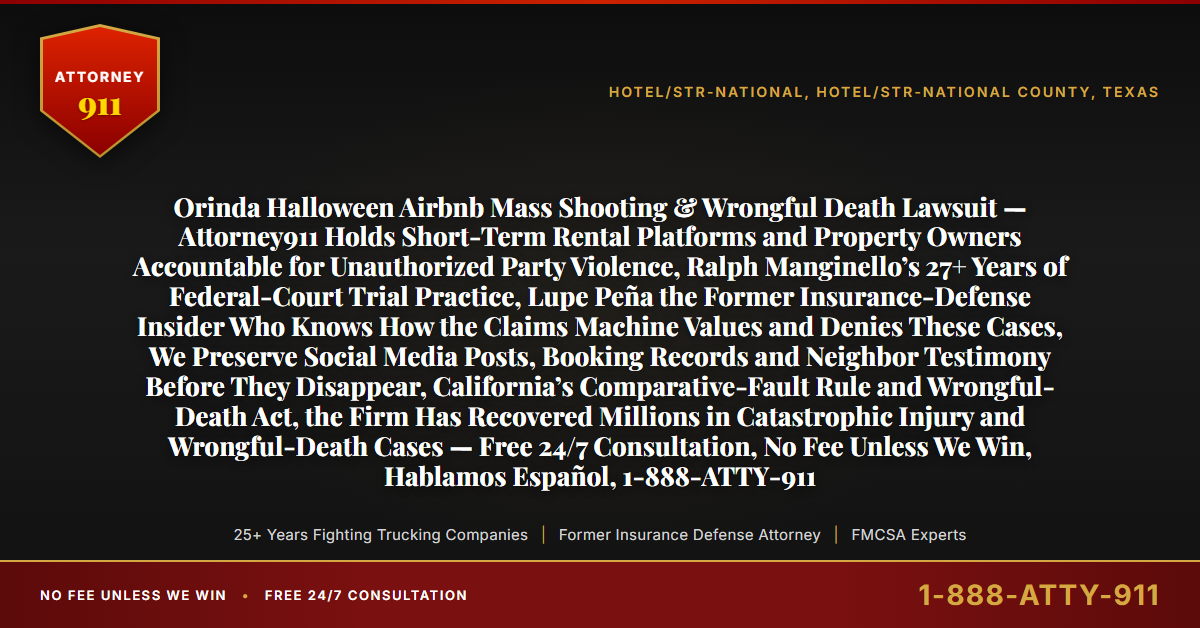 Orinda Halloween Airbnb Mass Shooting & Wrongful Death Lawsuit — Attorney911 Holds Short-Term Rental Platforms and Property Owners Accountable for Unauthorized Party Violence, Ralph Manginello’s 27+ Years of Federal-Court Trial Practice, Lupe Peña the Former Insurance-Defense Insider Who Knows How the Claims Machine Values and Denies These Cases, We Preserve Social Media Posts, Booking Records and Neighbor Testimony Before They Disappear, California’s Comparative-Fault Rule and Wrongful-Death Act, the Firm Has Recovered Millions in Catastrophic Injury and Wrongful-Death Cases — Free 24/7 Consultation, No Fee Unless We Win, Hablamos Español, 1-888-ATTY-911 - Attorney911