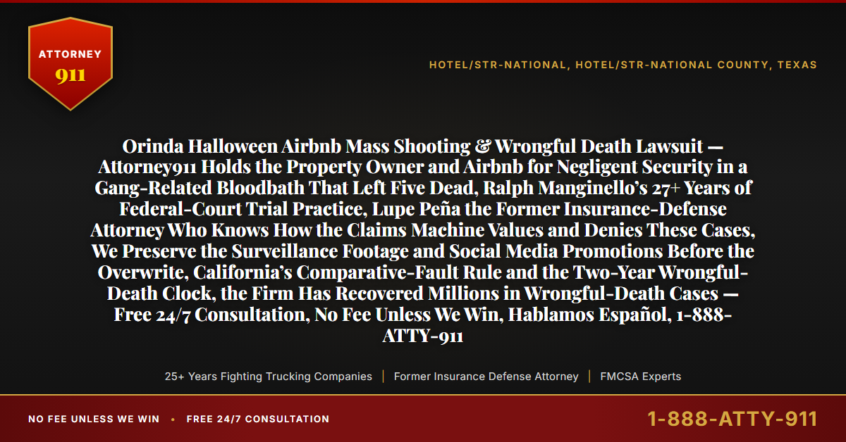 Orinda Halloween Airbnb Mass Shooting & Wrongful Death Lawsuit — Attorney911 Holds the Property Owner and Airbnb for Negligent Security in a Gang-Related Bloodbath That Left Five Dead, Ralph Manginello’s 27+ Years of Federal-Court Trial Practice, Lupe Peña the Former Insurance-Defense Attorney Who Knows How the Claims Machine Values and Denies These Cases, We Preserve the Surveillance Footage and Social Media Promotions Before the Overwrite, California’s Comparative-Fault Rule and the Two-Year Wrongful-Death Clock, the Firm Has Recovered Millions in Wrongful-Death Cases — Free 24/7 Consultation, No Fee Unless We Win, Hablamos Español, 1-888-ATTY-911 - Attorney911