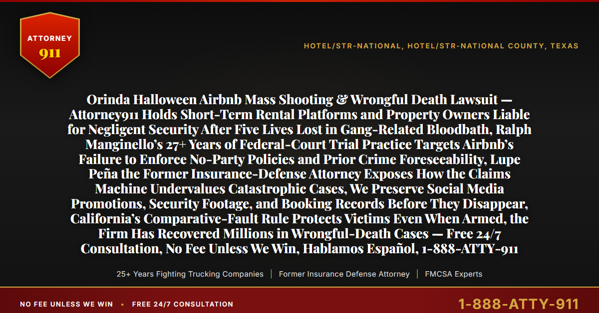 Orinda Halloween Airbnb Mass Shooting & Wrongful Death Lawsuit — Attorney911 Holds Short-Term Rental Platforms and Property Owners Liable for Negligent Security After Five Lives Lost in Gang-Related Bloodbath, Ralph Manginello’s 27+ Years of Federal-Court Trial Practice Targets Airbnb’s Failure to Enforce No-Party Policies and Prior Crime Foreseeability, Lupe Peña the Former Insurance-Defense Attorney Exposes How the Claims Machine Undervalues Catastrophic Cases, We Preserve Social Media Promotions, Security Footage, and Booking Records Before They Disappear, California’s Comparative-Fault Rule Protects Victims Even When Armed, the Firm Has Recovered Millions in Wrongful-Death Cases — Free 24/7 Consultation, No Fee Unless We Win, Hablamos Español, 1-888-ATTY-911 - Attorney911