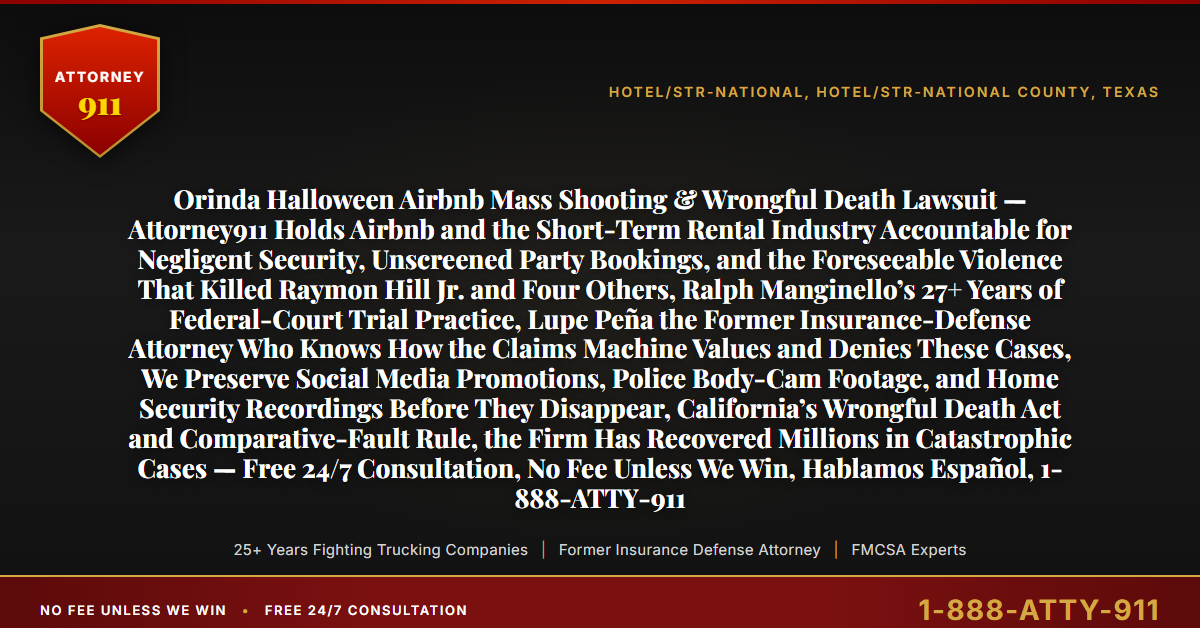 Orinda Halloween Airbnb Mass Shooting & Wrongful Death Lawsuit — Attorney911 Holds Airbnb and the Short-Term Rental Industry Accountable for Negligent Security, Unscreened Party Bookings, and the Foreseeable Violence That Killed Raymon Hill Jr. and Four Others, Ralph Manginello’s 27+ Years of Federal-Court Trial Practice, Lupe Peña the Former Insurance-Defense Attorney Who Knows How the Claims Machine Values and Denies These Cases, We Preserve Social Media Promotions, Police Body-Cam Footage, and Home Security Recordings Before They Disappear, California’s Wrongful Death Act and Comparative-Fault Rule, the Firm Has Recovered Millions in Catastrophic Cases — Free 24/7 Consultation, No Fee Unless We Win, Hablamos Español, 1-888-ATTY-911 - Attorney911