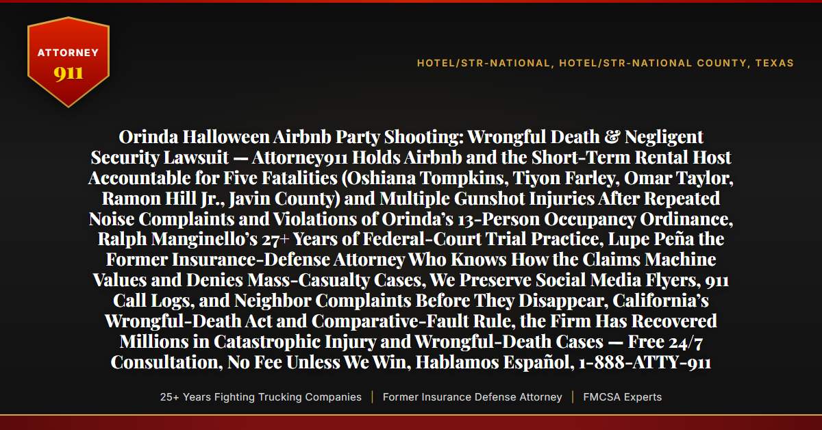 Orinda Halloween Airbnb Party Shooting: Wrongful Death & Negligent Security Lawsuit — Attorney911 Holds Airbnb and the Short-Term Rental Host Accountable for Five Fatalities (Oshiana Tompkins, Tiyon Farley, Omar Taylor, Ramon Hill Jr., Javin County) and Multiple Gunshot Injuries After Repeated Noise Complaints and Violations of Orinda’s 13-Person Occupancy Ordinance, Ralph Manginello’s 27+ Years of Federal-Court Trial Practice, Lupe Peña the Former Insurance-Defense Attorney Who Knows How the Claims Machine Values and Denies Mass-Casualty Cases, We Preserve Social Media Flyers, 911 Call Logs, and Neighbor Complaints Before They Disappear, California’s Wrongful-Death Act and Comparative-Fault Rule, the Firm Has Recovered Millions in Catastrophic Injury and Wrongful-Death Cases — Free 24/7 Consultation, No Fee Unless We Win, Hablamos Español, 1-888-ATTY-911 - Attorney911