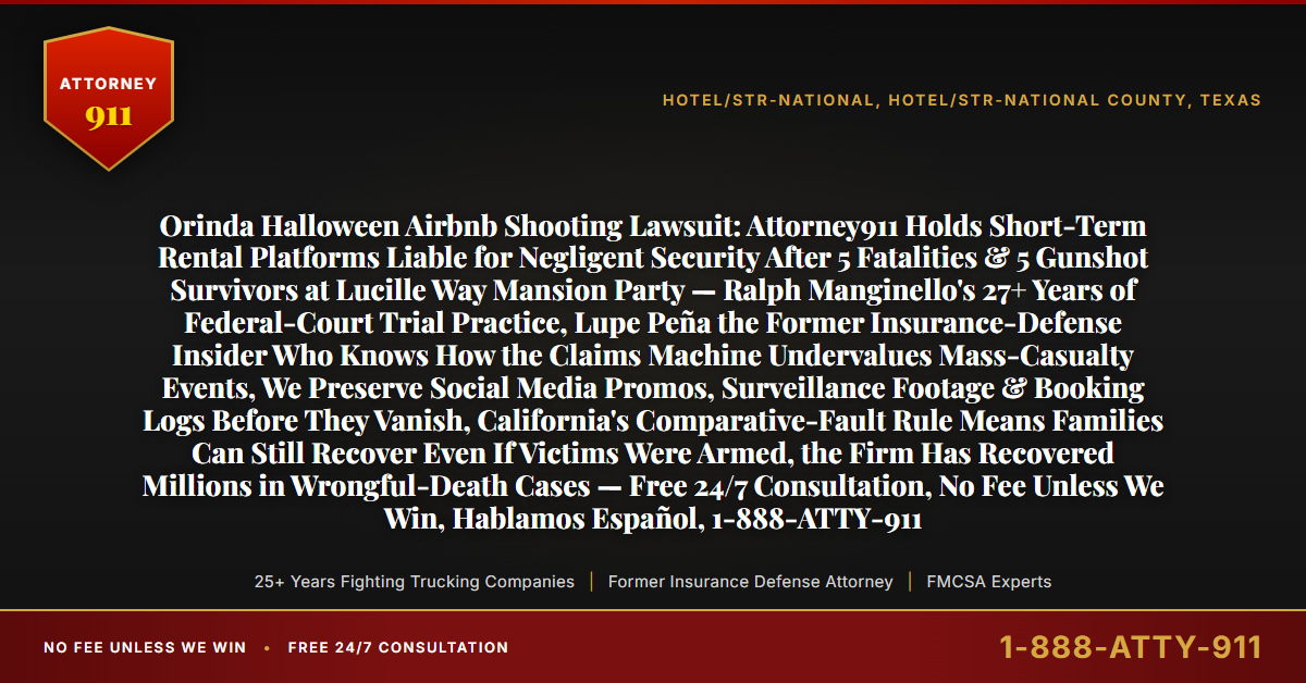 Orinda Halloween Airbnb Shooting Lawsuit: Attorney911 Holds Short-Term Rental Platforms Liable for Negligent Security After 5 Fatalities & 5 Gunshot Survivors at Lucille Way Mansion Party — Ralph Manginello's 27+ Years of Federal-Court Trial Practice, Lupe Peña the Former Insurance-Defense Insider Who Knows How the Claims Machine Undervalues Mass-Casualty Events, We Preserve Social Media Promos, Surveillance Footage & Booking Logs Before They Vanish, California's Comparative-Fault Rule Means Families Can Still Recover Even If Victims Were Armed, the Firm Has Recovered Millions in Wrongful-Death Cases — Free 24/7 Consultation, No Fee Unless We Win, Hablamos Español, 1-888-ATTY-911 - Attorney911
