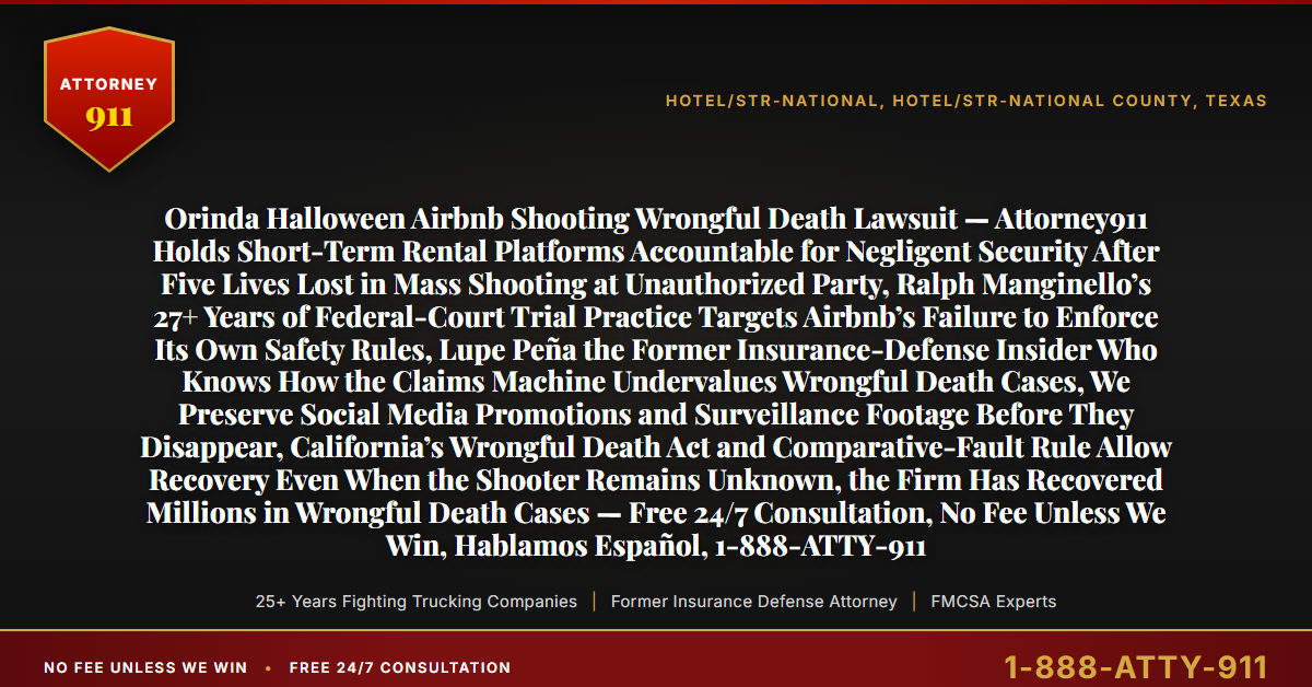 Orinda Halloween Airbnb Shooting Wrongful Death Lawsuit — Attorney911 Holds Short-Term Rental Platforms Accountable for Negligent Security After Five Lives Lost in Mass Shooting at Unauthorized Party, Ralph Manginello’s 27+ Years of Federal-Court Trial Practice Targets Airbnb’s Failure to Enforce Its Own Safety Rules, Lupe Peña the Former Insurance-Defense Insider Who Knows How the Claims Machine Undervalues Wrongful Death Cases, We Preserve Social Media Promotions and Surveillance Footage Before They Disappear, California’s Wrongful Death Act and Comparative-Fault Rule Allow Recovery Even When the Shooter Remains Unknown, the Firm Has Recovered Millions in Wrongful Death Cases — Free 24/7 Consultation, No Fee Unless We Win, Hablamos Español, 1-888-ATTY-911 - Attorney911
