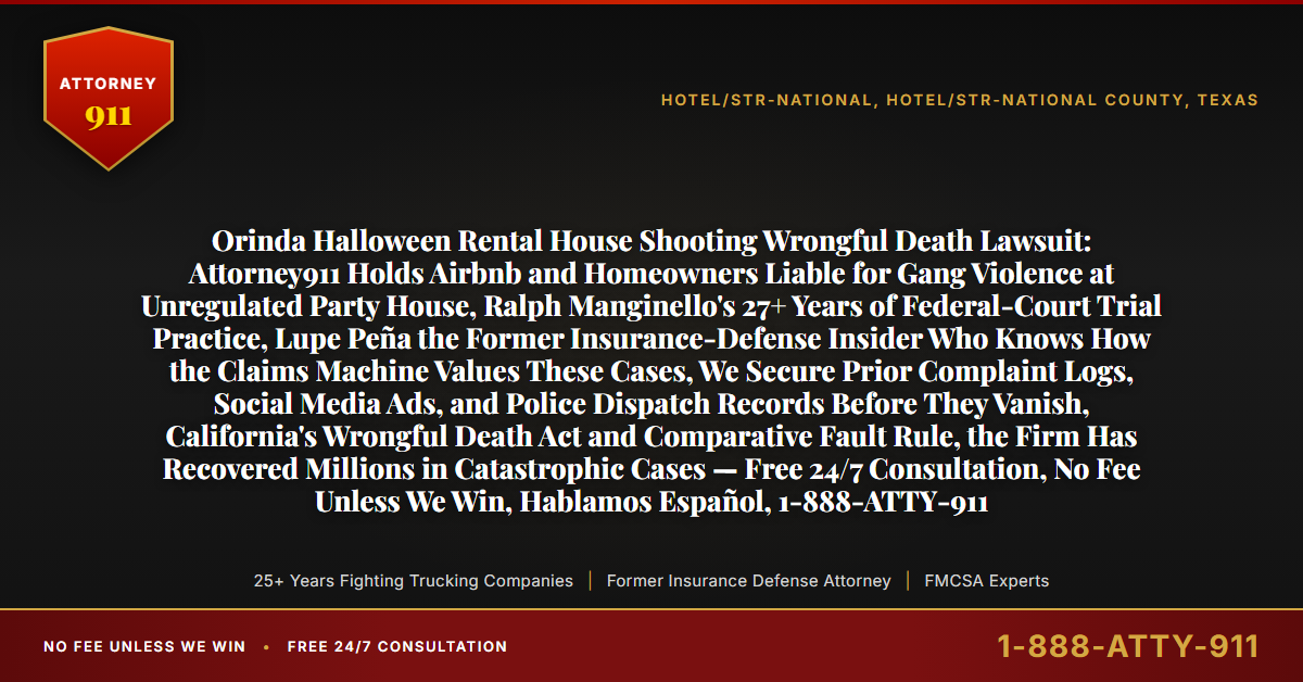 Orinda Halloween Rental House Shooting Wrongful Death Lawsuit: Attorney911 Holds Airbnb and Homeowners Liable for Gang Violence at Unregulated Party House, Ralph Manginello's 27+ Years of Federal-Court Trial Practice, Lupe Peña the Former Insurance-Defense Insider Who Knows How the Claims Machine Values These Cases, We Secure Prior Complaint Logs, Social Media Ads, and Police Dispatch Records Before They Vanish, California's Wrongful Death Act and Comparative Fault Rule, the Firm Has Recovered Millions in Catastrophic Cases — Free 24/7 Consultation, No Fee Unless We Win, Hablamos Español, 1-888-ATTY-911 - Attorney911