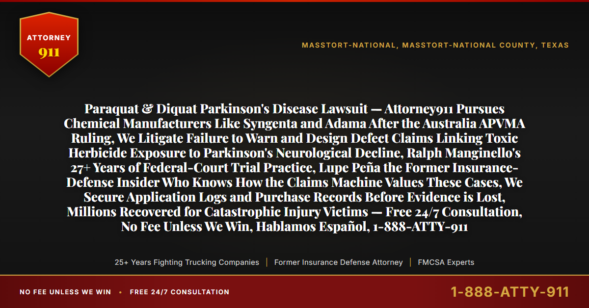 Paraquat & Diquat Parkinson's Disease Lawsuit — Attorney911 Pursues Chemical Manufacturers Like Syngenta and Adama After the Australia APVMA Ruling, We Litigate Failure to Warn and Design Defect Claims Linking Toxic Herbicide Exposure to Parkinson's Neurological Decline, Ralph Manginello's 27+ Years of Federal-Court Trial Practice, Lupe Peña the Former Insurance-Defense Insider Who Knows How the Claims Machine Values These Cases, We Secure Application Logs and Purchase Records Before Evidence is Lost, Millions Recovered for Catastrophic Injury Victims — Free 24/7 Consultation, No Fee Unless We Win, Hablamos Español, 1-888-ATTY-911 - Attorney911
