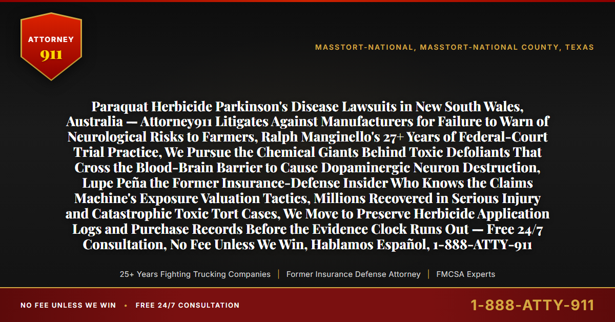 Paraquat Herbicide Parkinson's Disease Lawsuits in New South Wales, Australia — Attorney911 Litigates Against Manufacturers for Failure to Warn of Neurological Risks to Farmers, Ralph Manginello's 27+ Years of Federal-Court Trial Practice, We Pursue the Chemical Giants Behind Toxic Defoliants That Cross the Blood-Brain Barrier to Cause Dopaminergic Neuron Destruction, Lupe Peña the Former Insurance-Defense Insider Who Knows the Claims Machine's Exposure Valuation Tactics, Millions Recovered in Serious Injury and Catastrophic Toxic Tort Cases, We Move to Preserve Herbicide Application Logs and Purchase Records Before the Evidence Clock Runs Out — Free 24/7 Consultation, No Fee Unless We Win, Hablamos Español, 1-888-ATTY-911 - Attorney911