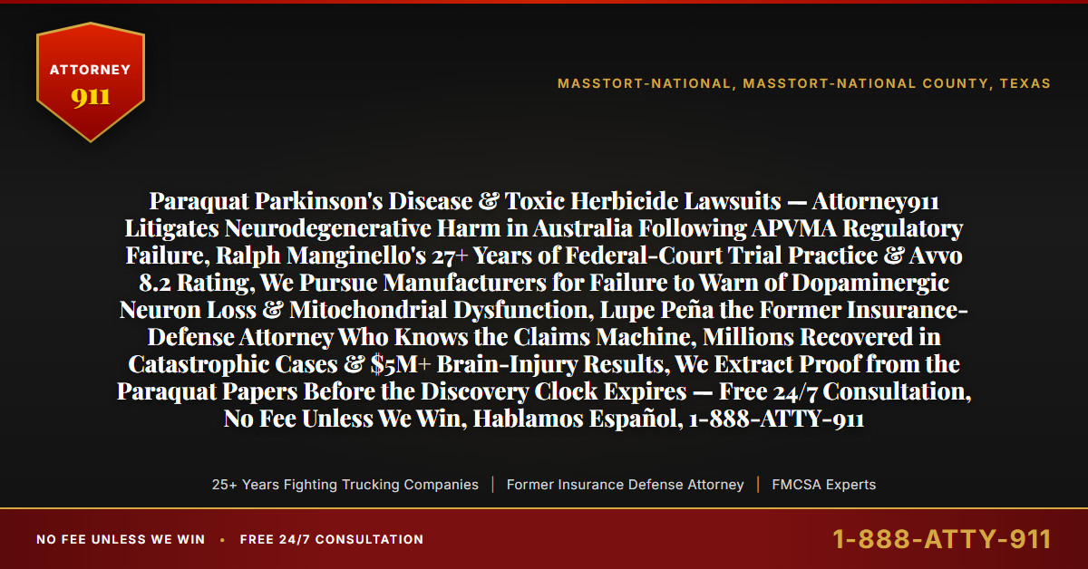 Paraquat Parkinson's Disease & Toxic Herbicide Lawsuits — Attorney911 Litigates Neurodegenerative Harm in Australia Following APVMA Regulatory Failure, Ralph Manginello's 27+ Years of Federal-Court Trial Practice & Avvo 8.2 Rating, We Pursue Manufacturers for Failure to Warn of Dopaminergic Neuron Loss & Mitochondrial Dysfunction, Lupe Peña the Former Insurance-Defense Attorney Who Knows the Claims Machine, Millions Recovered in Catastrophic Cases & $5M+ Brain-Injury Results, We Extract Proof from the Paraquat Papers Before the Discovery Clock Expires — Free 24/7 Consultation, No Fee Unless We Win, Hablamos Español, 1-888-ATTY-911 - Attorney911