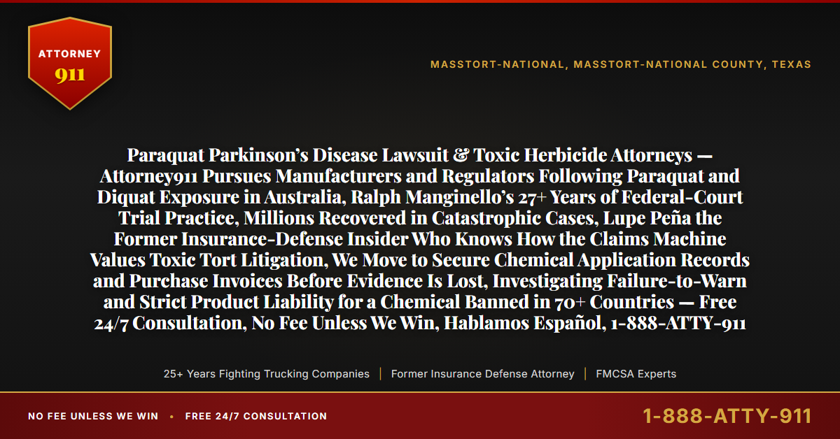 Paraquat Parkinson’s Disease Lawsuit & Toxic Herbicide Attorneys — Attorney911 Pursues Manufacturers and Regulators Following Paraquat and Diquat Exposure in Australia, Ralph Manginello’s 27+ Years of Federal-Court Trial Practice, Millions Recovered in Catastrophic Cases, Lupe Peña the Former Insurance-Defense Insider Who Knows How the Claims Machine Values Toxic Tort Litigation, We Move to Secure Chemical Application Records and Purchase Invoices Before Evidence Is Lost, Investigating Failure-to-Warn and Strict Product Liability for a Chemical Banned in 70+ Countries — Free 24/7 Consultation, No Fee Unless We Win, Hablamos Español, 1-888-ATTY-911 - Attorney911