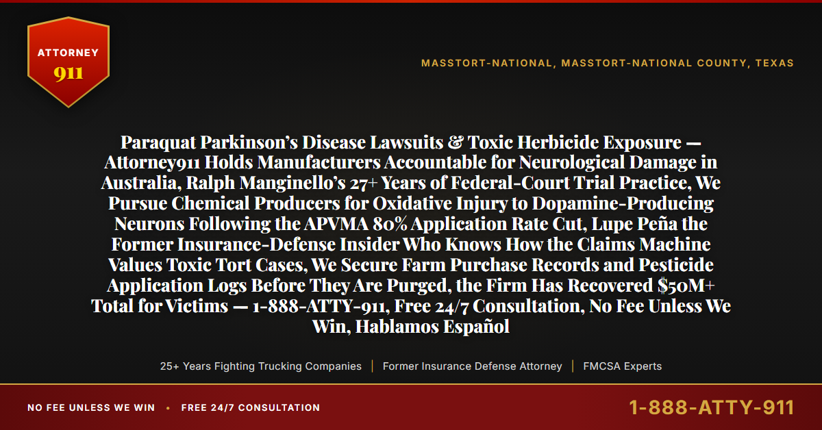 Paraquat Parkinson’s Disease Lawsuits & Toxic Herbicide Exposure — Attorney911 Holds Manufacturers Accountable for Neurological Damage in Australia, Ralph Manginello’s 27+ Years of Federal-Court Trial Practice, We Pursue Chemical Producers for Oxidative Injury to Dopamine-Producing Neurons Following the APVMA 80% Application Rate Cut, Lupe Peña the Former Insurance-Defense Insider Who Knows How the Claims Machine Values Toxic Tort Cases, We Secure Farm Purchase Records and Pesticide Application Logs Before They Are Purged, the Firm Has Recovered $50M+ Total for Victims — 1-888-ATTY-911, Free 24/7 Consultation, No Fee Unless We Win, Hablamos Español - Attorney911