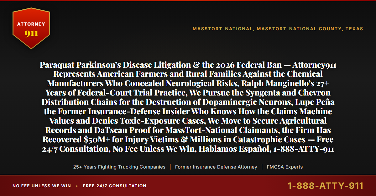 Paraquat Parkinson’s Disease Litigation & the 2026 Federal Ban — Attorney911 Represents American Farmers and Rural Families Against the Chemical Manufacturers Who Concealed Neurological Risks, Ralph Manginello’s 27+ Years of Federal-Court Trial Practice, We Pursue the Syngenta and Chevron Distribution Chains for the Destruction of Dopaminergic Neurons, Lupe Peña the Former Insurance-Defense Insider Who Knows How the Claims Machine Values and Denies Toxic-Exposure Cases, We Move to Secure Agricultural Records and DaTscan Proof for MassTort-National Claimants, the Firm Has Recovered $50M+ for Injury Victims & Millions in Catastrophic Cases — Free 24/7 Consultation, No Fee Unless We Win, Hablamos Español, 1-888-ATTY-911 - Attorney911