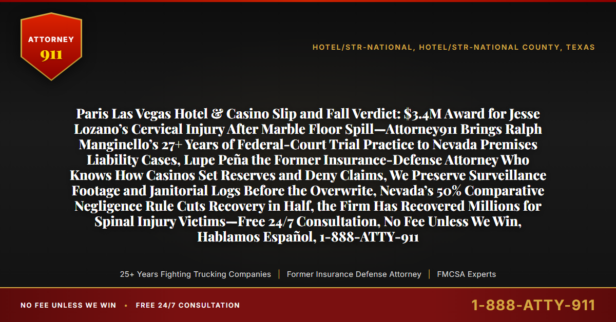 Paris Las Vegas Hotel & Casino Slip and Fall Verdict: $3.4M Award for Jesse Lozano’s Cervical Injury After Marble Floor Spill—Attorney911 Brings Ralph Manginello’s 27+ Years of Federal-Court Trial Practice to Nevada Premises Liability Cases, Lupe Peña the Former Insurance-Defense Attorney Who Knows How Casinos Set Reserves and Deny Claims, We Preserve Surveillance Footage and Janitorial Logs Before the Overwrite, Nevada’s 50% Comparative Negligence Rule Cuts Recovery in Half, the Firm Has Recovered Millions for Spinal Injury Victims—Free 24/7 Consultation, No Fee Unless We Win, Hablamos Español, 1-888-ATTY-911 - Attorney911