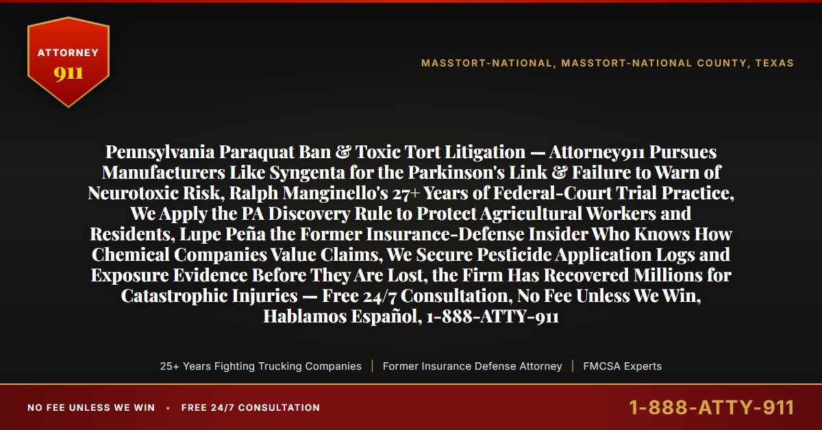 Pennsylvania Paraquat Ban & Toxic Tort Litigation — Attorney911 Pursues Manufacturers Like Syngenta for the Parkinson's Link & Failure to Warn of Neurotoxic Risk, Ralph Manginello's 27+ Years of Federal-Court Trial Practice, We Apply the PA Discovery Rule to Protect Agricultural Workers and Residents, Lupe Peña the Former Insurance-Defense Insider Who Knows How Chemical Companies Value Claims, We Secure Pesticide Application Logs and Exposure Evidence Before They Are Lost, the Firm Has Recovered Millions for Catastrophic Injuries — Free 24/7 Consultation, No Fee Unless We Win, Hablamos Español, 1-888-ATTY-911 - Attorney911