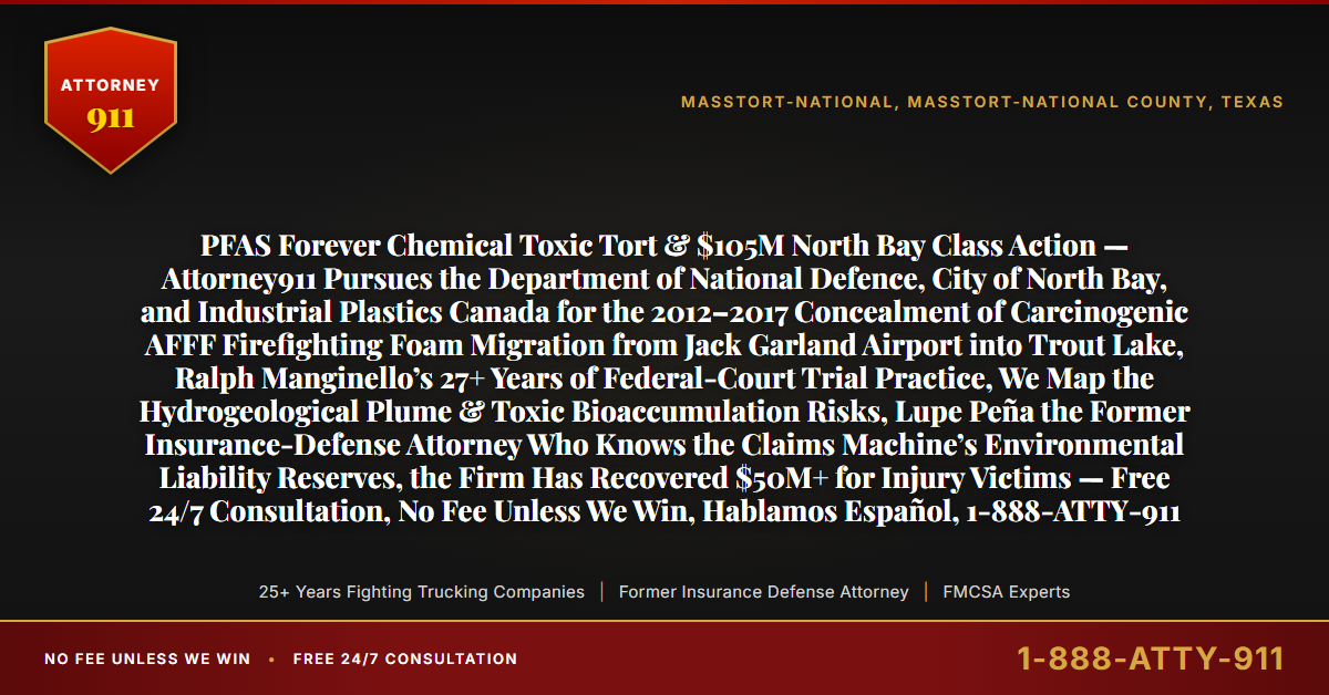 PFAS Forever Chemical Toxic Tort & $105M North Bay Class Action — Attorney911 Pursues the Department of National Defence, City of North Bay, and Industrial Plastics Canada for the 2012–2017 Concealment of Carcinogenic AFFF Firefighting Foam Migration from Jack Garland Airport into Trout Lake, Ralph Manginello’s 27+ Years of Federal-Court Trial Practice, We Map the Hydrogeological Plume & Toxic Bioaccumulation Risks, Lupe Peña the Former Insurance-Defense Attorney Who Knows the Claims Machine’s Environmental Liability Reserves, the Firm Has Recovered $50M+ for Injury Victims — Free 24/7 Consultation, No Fee Unless We Win, Hablamos Español, 1-888-ATTY-911 - Attorney911