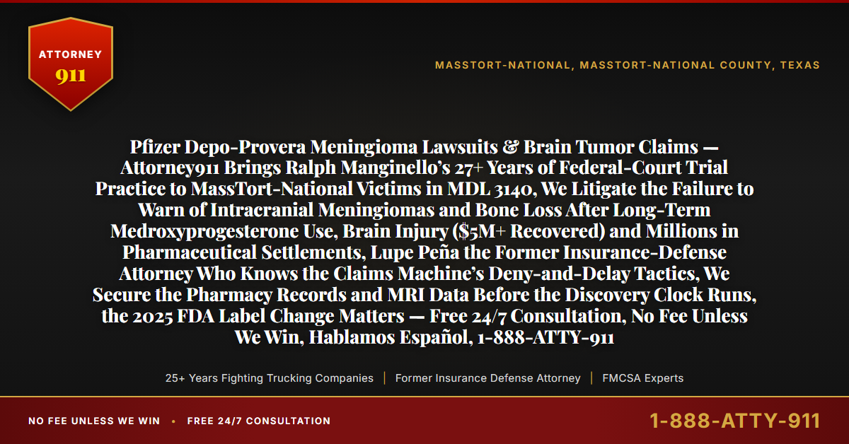Pfizer Depo-Provera Meningioma Lawsuits & Brain Tumor Claims — Attorney911 Brings Ralph Manginello’s 27+ Years of Federal-Court Trial Practice to MassTort-National Victims in MDL 3140, We Litigate the Failure to Warn of Intracranial Meningiomas and Bone Loss After Long-Term Medroxyprogesterone Use, Brain Injury ($5M+ Recovered) and Millions in Pharmaceutical Settlements, Lupe Peña the Former Insurance-Defense Attorney Who Knows the Claims Machine’s Deny-and-Delay Tactics, We Secure the Pharmacy Records and MRI Data Before the Discovery Clock Runs, the 2025 FDA Label Change Matters — Free 24/7 Consultation, No Fee Unless We Win, Hablamos Español, 1-888-ATTY-911 - Attorney911