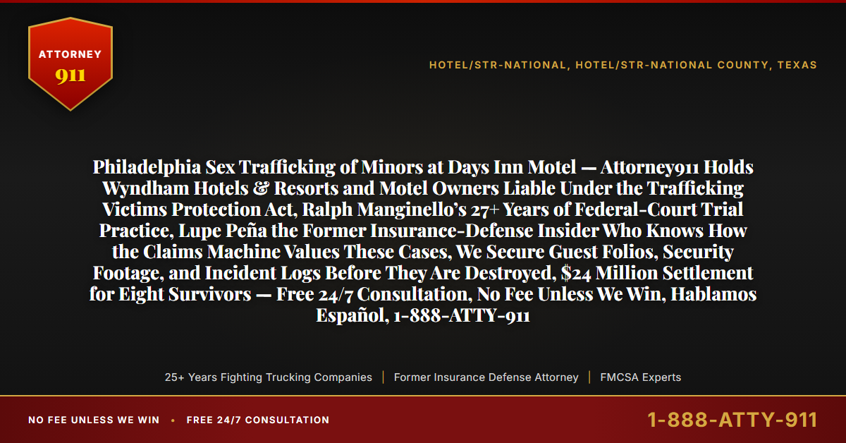 Philadelphia Sex Trafficking of Minors at Days Inn Motel — Attorney911 Holds Wyndham Hotels & Resorts and Motel Owners Liable Under the Trafficking Victims Protection Act, Ralph Manginello’s 27+ Years of Federal-Court Trial Practice, Lupe Peña the Former Insurance-Defense Insider Who Knows How the Claims Machine Values These Cases, We Secure Guest Folios, Security Footage, and Incident Logs Before They Are Destroyed, $24 Million Settlement for Eight Survivors — Free 24/7 Consultation, No Fee Unless We Win, Hablamos Español, 1-888-ATTY-911 - Attorney911