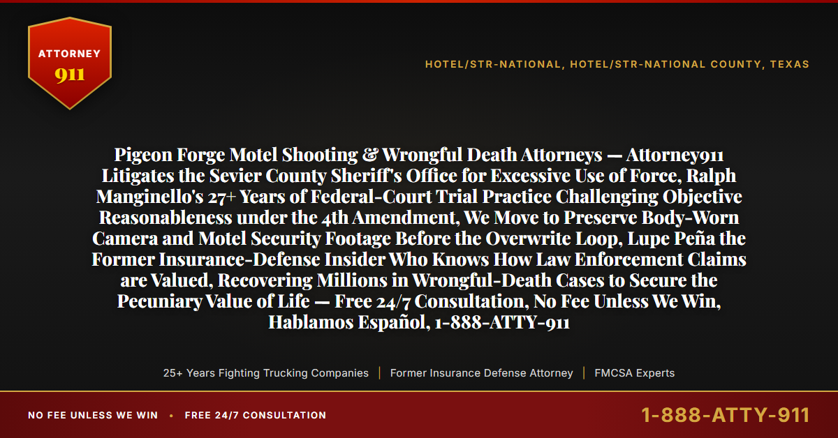Pigeon Forge Motel Shooting & Wrongful Death Attorneys — Attorney911 Litigates the Sevier County Sheriff's Office for Excessive Use of Force, Ralph Manginello's 27+ Years of Federal-Court Trial Practice Challenging Objective Reasonableness under the 4th Amendment, We Move to Preserve Body-Worn Camera and Motel Security Footage Before the Overwrite Loop, Lupe Peña the Former Insurance-Defense Insider Who Knows How Law Enforcement Claims are Valued, Recovering Millions in Wrongful-Death Cases to Secure the Pecuniary Value of Life — Free 24/7 Consultation, No Fee Unless We Win, Hablamos Español, 1-888-ATTY-911 - Attorney911