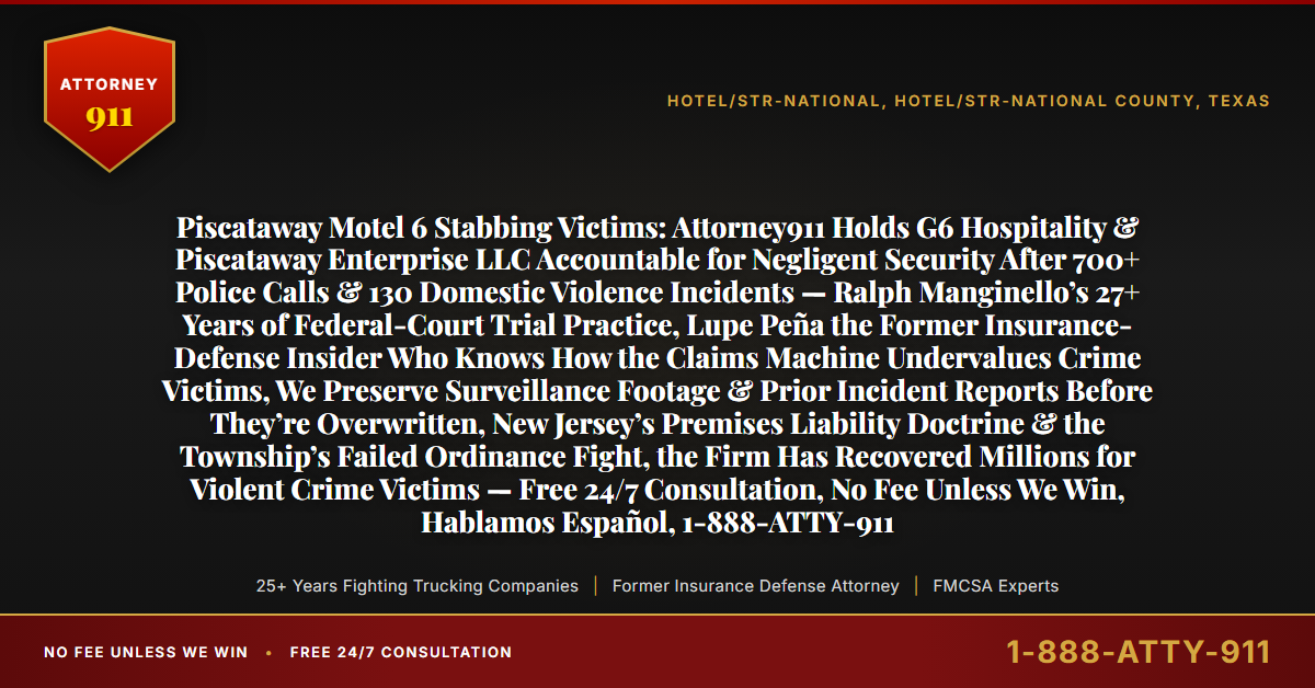 Piscataway Motel 6 Stabbing Victims: Attorney911 Holds G6 Hospitality & Piscataway Enterprise LLC Accountable for Negligent Security After 700+ Police Calls & 130 Domestic Violence Incidents — Ralph Manginello’s 27+ Years of Federal-Court Trial Practice, Lupe Peña the Former Insurance-Defense Insider Who Knows How the Claims Machine Undervalues Crime Victims, We Preserve Surveillance Footage & Prior Incident Reports Before They’re Overwritten, New Jersey’s Premises Liability Doctrine & the Township’s Failed Ordinance Fight, the Firm Has Recovered Millions for Violent Crime Victims — Free 24/7 Consultation, No Fee Unless We Win, Hablamos Español, 1-888-ATTY-911 - Attorney911