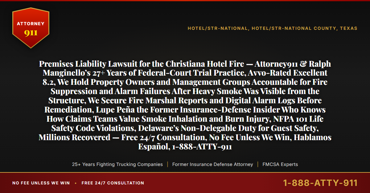 Premises Liability Lawsuit for the Christiana Hotel Fire — Attorney911 & Ralph Manginello’s 27+ Years of Federal-Court Trial Practice, Avvo-Rated Excellent 8.2, We Hold Property Owners and Management Groups Accountable for Fire Suppression and Alarm Failures After Heavy Smoke Was Visible from the Structure, We Secure Fire Marshal Reports and Digital Alarm Logs Before Remediation, Lupe Peña the Former Insurance-Defense Insider Who Knows How Claims Teams Value Smoke Inhalation and Burn Injury, NFPA 101 Life Safety Code Violations, Delaware’s Non-Delegable Duty for Guest Safety, Millions Recovered — Free 24/7 Consultation, No Fee Unless We Win, Hablamos Español, 1-888-ATTY-911 - Attorney911