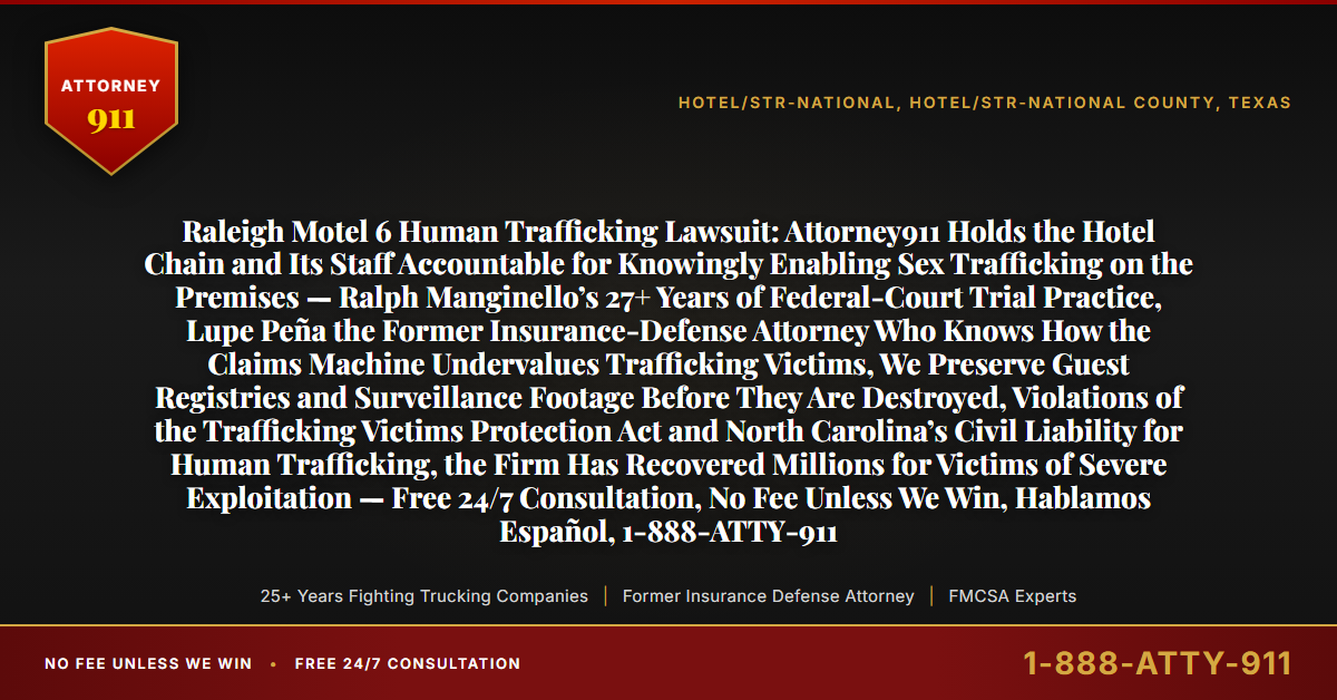Raleigh Motel 6 Human Trafficking Lawsuit: Attorney911 Holds the Hotel Chain and Its Staff Accountable for Knowingly Enabling Sex Trafficking on the Premises — Ralph Manginello’s 27+ Years of Federal-Court Trial Practice, Lupe Peña the Former Insurance-Defense Attorney Who Knows How the Claims Machine Undervalues Trafficking Victims, We Preserve Guest Registries and Surveillance Footage Before They Are Destroyed, Violations of the Trafficking Victims Protection Act and North Carolina’s Civil Liability for Human Trafficking, the Firm Has Recovered Millions for Victims of Severe Exploitation — Free 24/7 Consultation, No Fee Unless We Win, Hablamos Español, 1-888-ATTY-911 - Attorney911