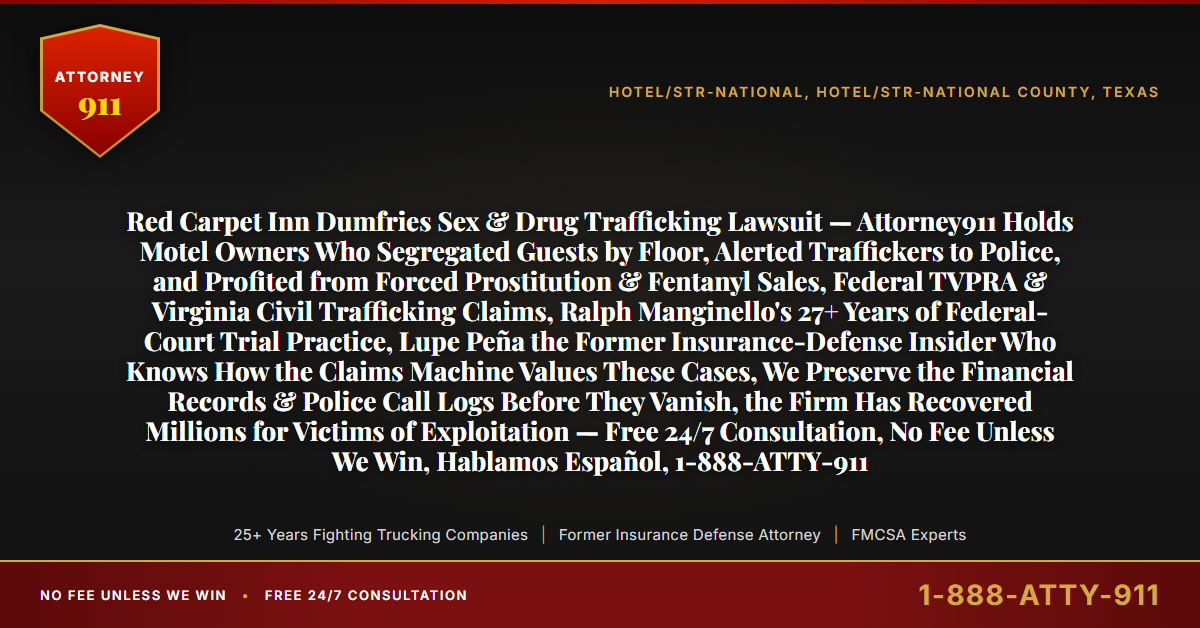 Red Carpet Inn Dumfries Sex & Drug Trafficking Lawsuit — Attorney911 Holds Motel Owners Who Segregated Guests by Floor, Alerted Traffickers to Police, and Profited from Forced Prostitution & Fentanyl Sales, Federal TVPRA & Virginia Civil Trafficking Claims, Ralph Manginello's 27+ Years of Federal-Court Trial Practice, Lupe Peña the Former Insurance-Defense Insider Who Knows How the Claims Machine Values These Cases, We Preserve the Financial Records & Police Call Logs Before They Vanish, the Firm Has Recovered Millions for Victims of Exploitation — Free 24/7 Consultation, No Fee Unless We Win, Hablamos Español, 1-888-ATTY-911 - Attorney911