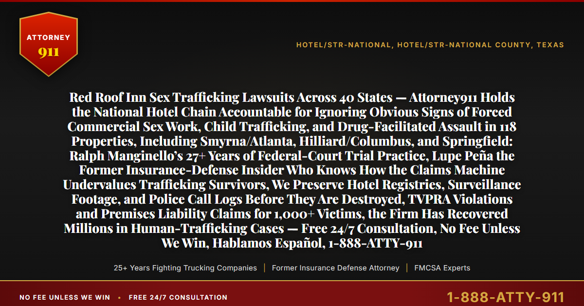 Red Roof Inn Sex Trafficking Lawsuits Across 40 States — Attorney911 Holds the National Hotel Chain Accountable for Ignoring Obvious Signs of Forced Commercial Sex Work, Child Trafficking, and Drug-Facilitated Assault in 118 Properties, Including Smyrna/Atlanta, Hilliard/Columbus, and Springfield: Ralph Manginello’s 27+ Years of Federal-Court Trial Practice, Lupe Peña the Former Insurance-Defense Insider Who Knows How the Claims Machine Undervalues Trafficking Survivors, We Preserve Hotel Registries, Surveillance Footage, and Police Call Logs Before They Are Destroyed, TVPRA Violations and Premises Liability Claims for 1,000+ Victims, the Firm Has Recovered Millions in Human-Trafficking Cases — Free 24/7 Consultation, No Fee Unless We Win, Hablamos Español, 1-888-ATTY-911 - Attorney911