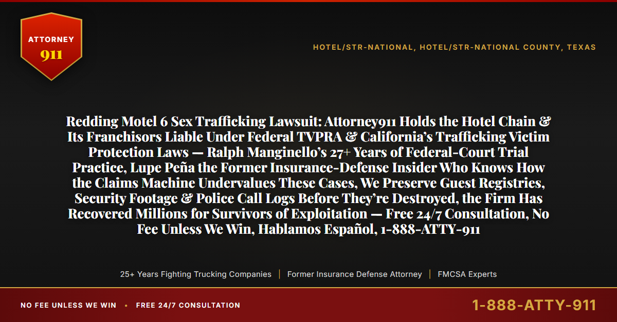 Redding Motel 6 Sex Trafficking Lawsuit: Attorney911 Holds the Hotel Chain & Its Franchisors Liable Under Federal TVPRA & California’s Trafficking Victim Protection Laws — Ralph Manginello’s 27+ Years of Federal-Court Trial Practice, Lupe Peña the Former Insurance-Defense Insider Who Knows How the Claims Machine Undervalues These Cases, We Preserve Guest Registries, Security Footage & Police Call Logs Before They’re Destroyed, the Firm Has Recovered Millions for Survivors of Exploitation — Free 24/7 Consultation, No Fee Unless We Win, Hablamos Español, 1-888-ATTY-911 - Attorney911