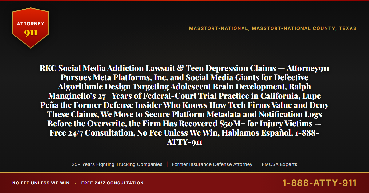 RKC Social Media Addiction Lawsuit & Teen Depression Claims — Attorney911 Pursues Meta Platforms, Inc. and Social Media Giants for Defective Algorithmic Design Targeting Adolescent Brain Development, Ralph Manginello’s 27+ Years of Federal-Court Trial Practice in California, Lupe Peña the Former Defense Insider Who Knows How Tech Firms Value and Deny These Claims, We Move to Secure Platform Metadata and Notification Logs Before the Overwrite, the Firm Has Recovered $50M+ for Injury Victims — Free 24/7 Consultation, No Fee Unless We Win, Hablamos Español, 1-888-ATTY-911 - Attorney911