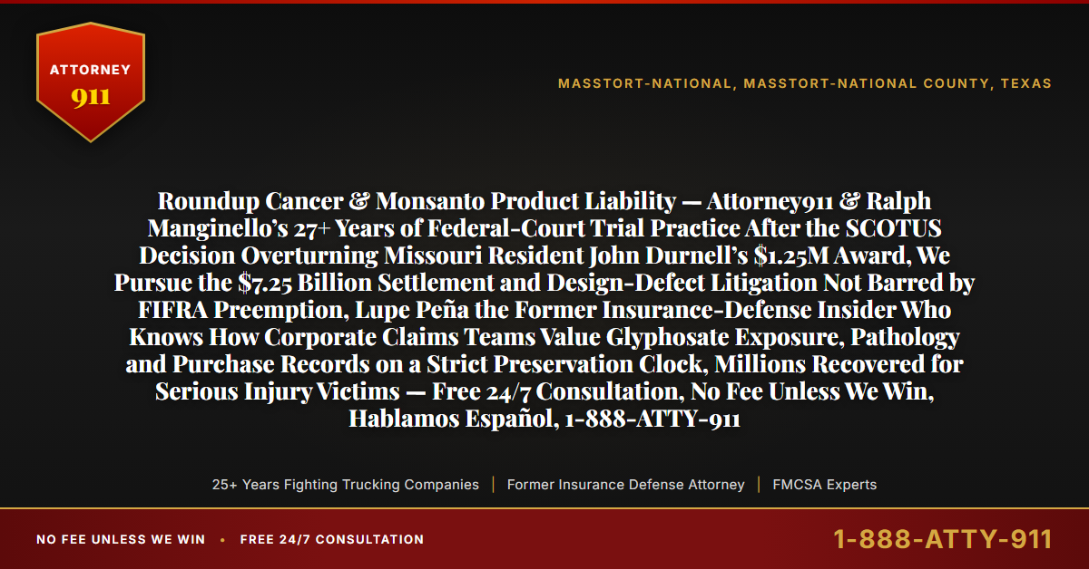Roundup Cancer & Monsanto Product Liability — Attorney911 & Ralph Manginello’s 27+ Years of Federal-Court Trial Practice After the SCOTUS Decision Overturning Missouri Resident John Durnell’s $1.25M Award, We Pursue the $7.25 Billion Settlement and Design-Defect Litigation Not Barred by FIFRA Preemption, Lupe Peña the Former Insurance-Defense Insider Who Knows How Corporate Claims Teams Value Glyphosate Exposure, Pathology and Purchase Records on a Strict Preservation Clock, Millions Recovered for Serious Injury Victims — Free 24/7 Consultation, No Fee Unless We Win, Hablamos Español, 1-888-ATTY-911 - Attorney911