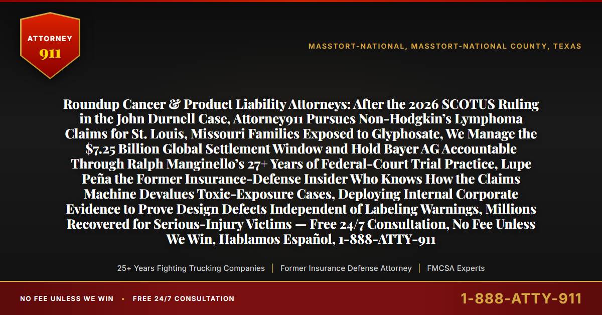 Roundup Cancer & Product Liability Attorneys: After the 2026 SCOTUS Ruling in the John Durnell Case, Attorney911 Pursues Non-Hodgkin’s Lymphoma Claims for St. Louis, Missouri Families Exposed to Glyphosate, We Manage the $7.25 Billion Global Settlement Window and Hold Bayer AG Accountable Through Ralph Manginello’s 27+ Years of Federal-Court Trial Practice, Lupe Peña the Former Insurance-Defense Insider Who Knows How the Claims Machine Devalues Toxic-Exposure Cases, Deploying Internal Corporate Evidence to Prove Design Defects Independent of Labeling Warnings, Millions Recovered for Serious-Injury Victims — Free 24/7 Consultation, No Fee Unless We Win, Hablamos Español, 1-888-ATTY-911 - Attorney911